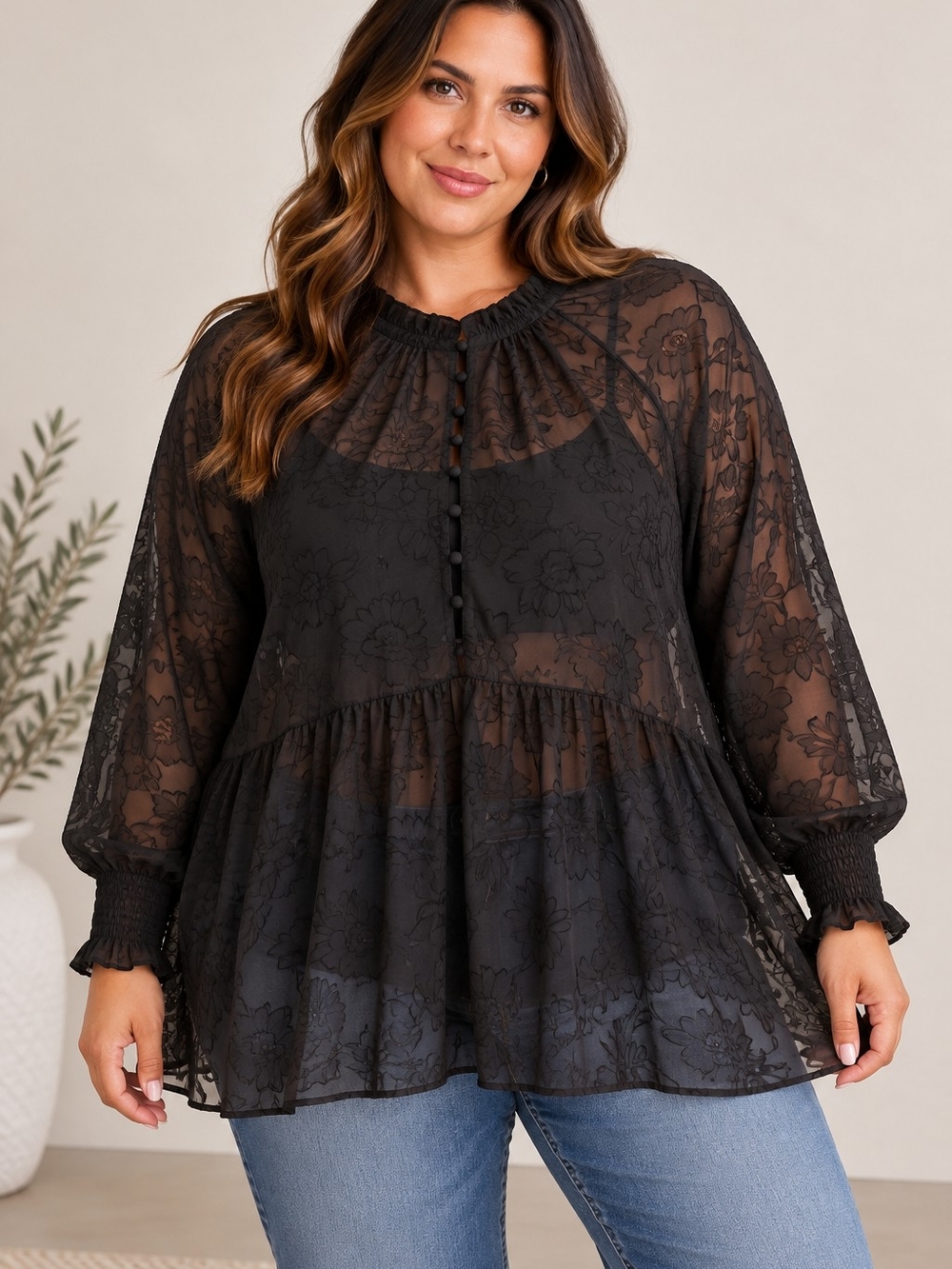 Michel Studio Black Sheer Floral Babydoll Blouse Plus Size 24